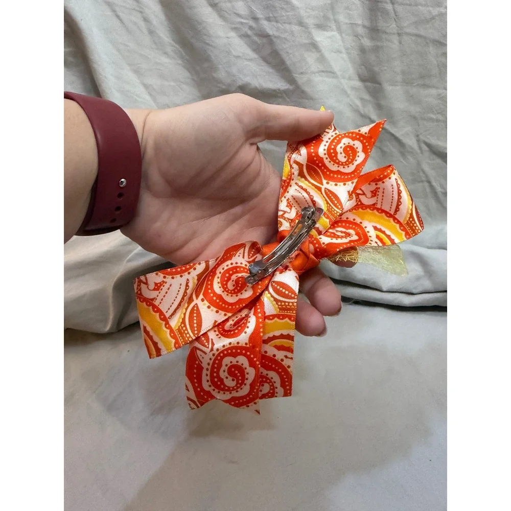 Orange Yellow Paisley Print Hair Bow Alligator Clip Textured Mesh Overlay